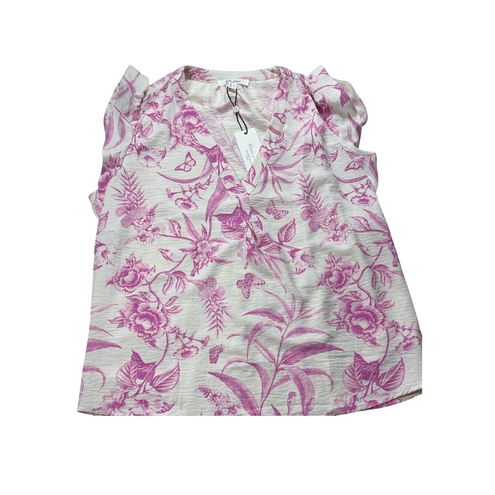 Haver + Blair London Pink Floral Toile‎ V-Neck Ruffle Shoulder Blouse NWT Large